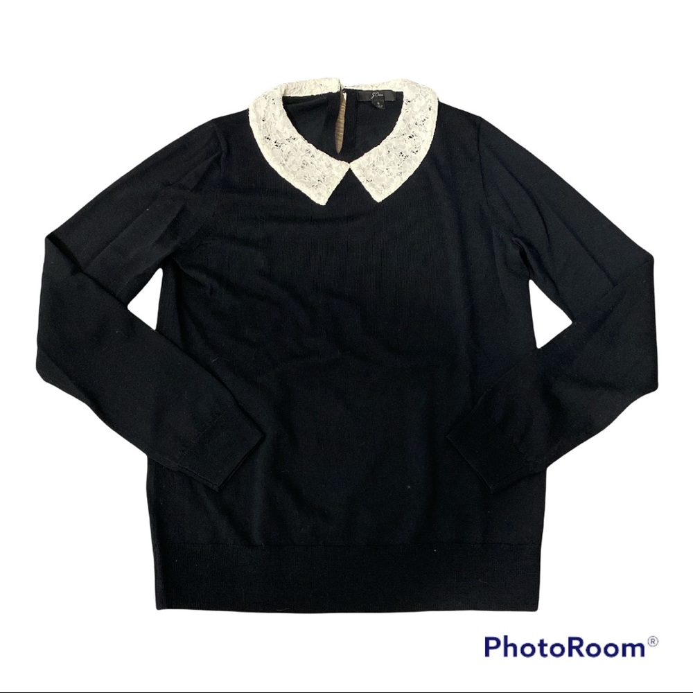 J. Crew 100% Merino wool black sweater lace white collar size small